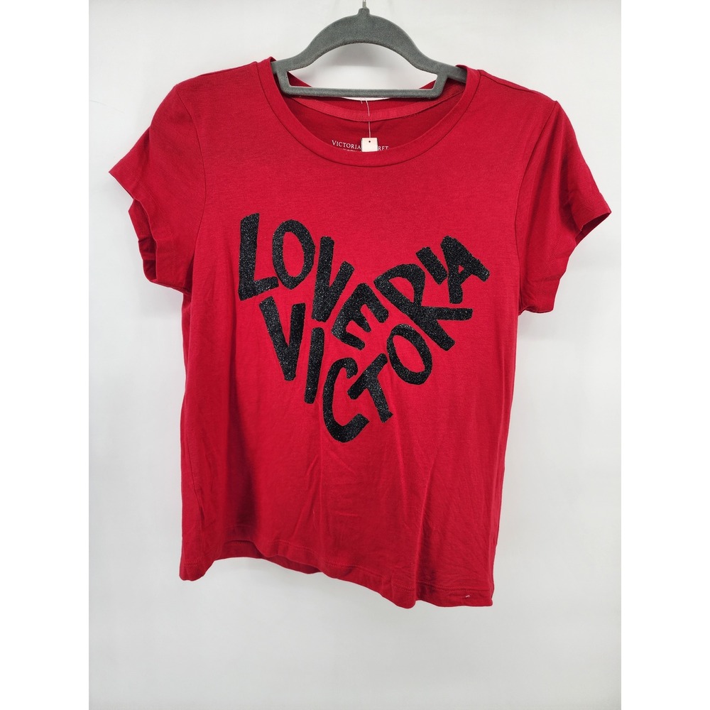 Victorias Secret Red Love Victoria Glitter Heart Graphic T-Shirt Small‎ NWT